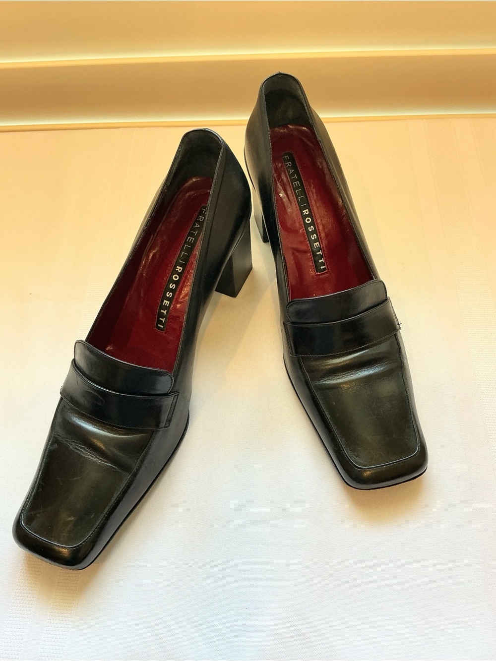 Vintage Fratelli Rossetti Black Leather Square Toe, Loafer Look Pumps Size 8